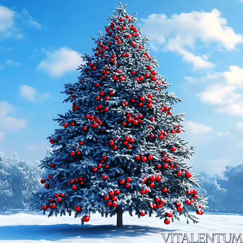 Outdoor Christmas Tree with Snow and Red Ornaments AI Image