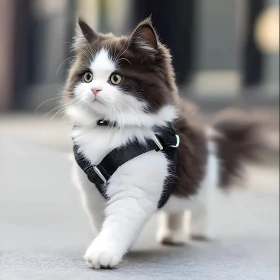 Cute Kitten with Black Harness Walking