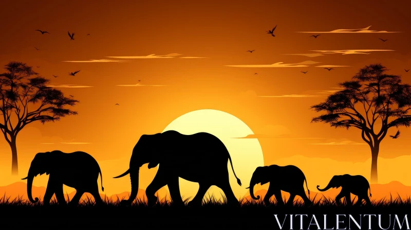 AI ART African Savanna Sunset with Elephants - Vector Illustration