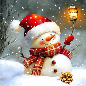 Festive Snowman Holding Lantern in Snowy Scene