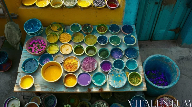 Colorful Paint Bowls on a Wooden Table - A Visual Delight AI Image