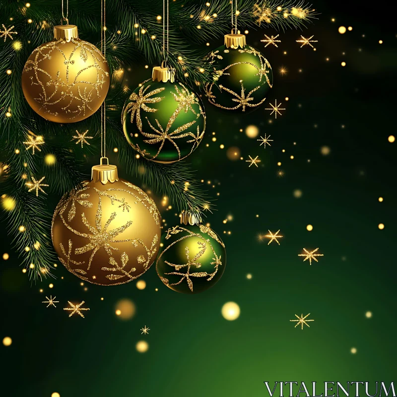 Festive Golden and Green Christmas Decorations AI Image