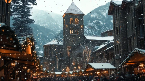 Picturesque Alpine Christmas Market with Falling Snow