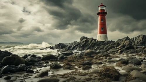 Eerie Lighthouse on Stormy Beach: A Whimsical Seascape