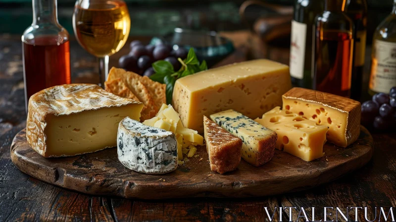 Exquisite Cheese and Wine Display on Wooden Board AI Image