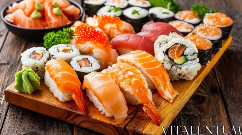 Exquisite Sushi and Sashimi Platter on a Wooden Board AI Image
