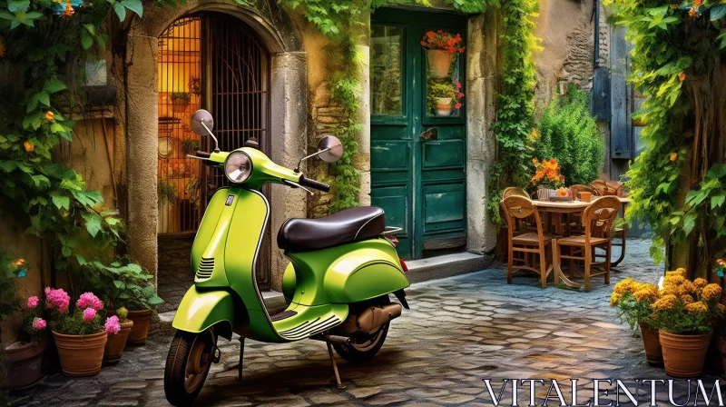 Green Scooter in Charming Cobblestone Street - Photorealistic Fantasy AI Image