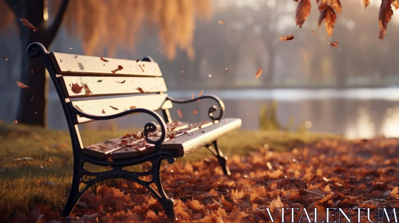 Inspirational Autumn Scene with Bench and Falling Leaves AI Image