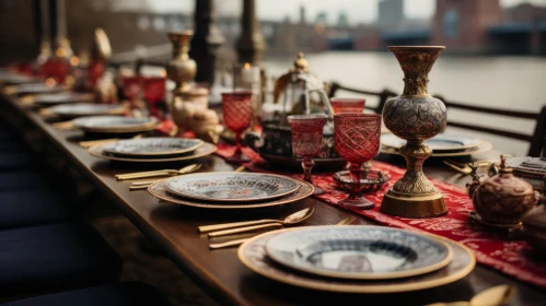 Intricate Maritime Wedding Table Setting in Dark Gold and Red