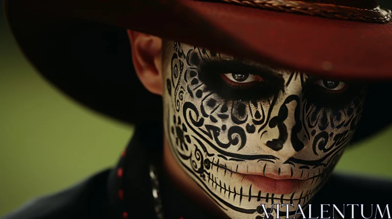 Mysterious Cowboy Hat Man with Skeleton Face and Tattoos AI Image