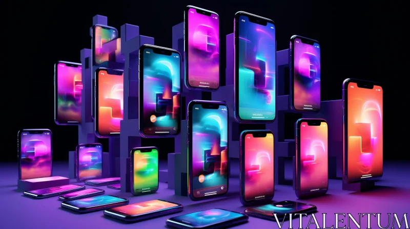 Neon Smartphones on Dark Purple Background AI Image