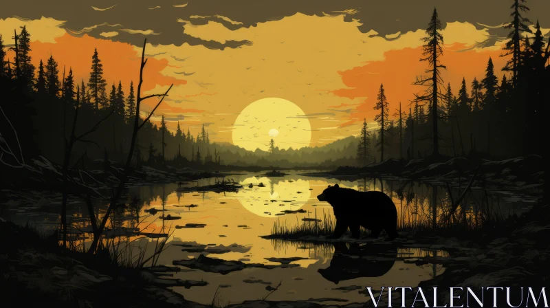 Post-apocalyptic Sunrise: Bear by the Water AI Image