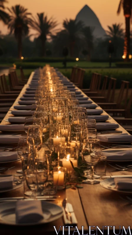 Symmetrically Set Dinner Table in Desert with Candlelight AI Image