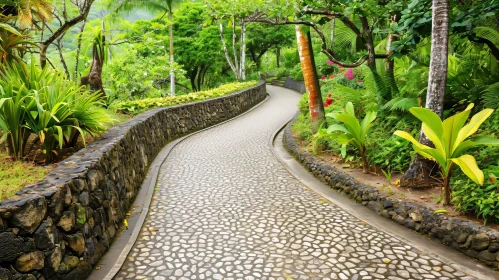 Tranquil Stone Path in a Lush Tropical Garden