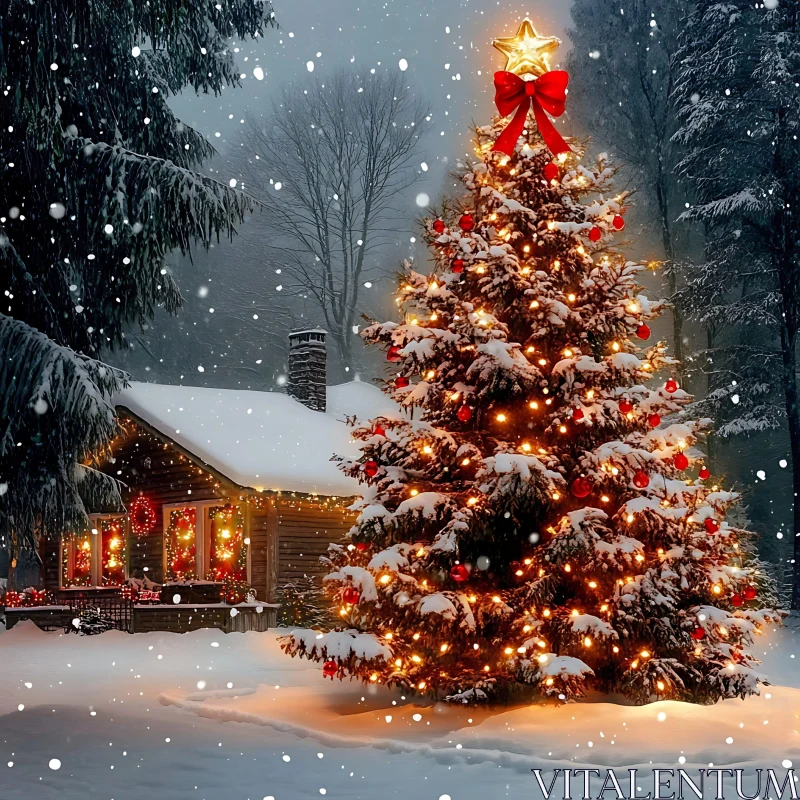 Festive Night with Decorated Christmas Tree and Log Cabin AI Image