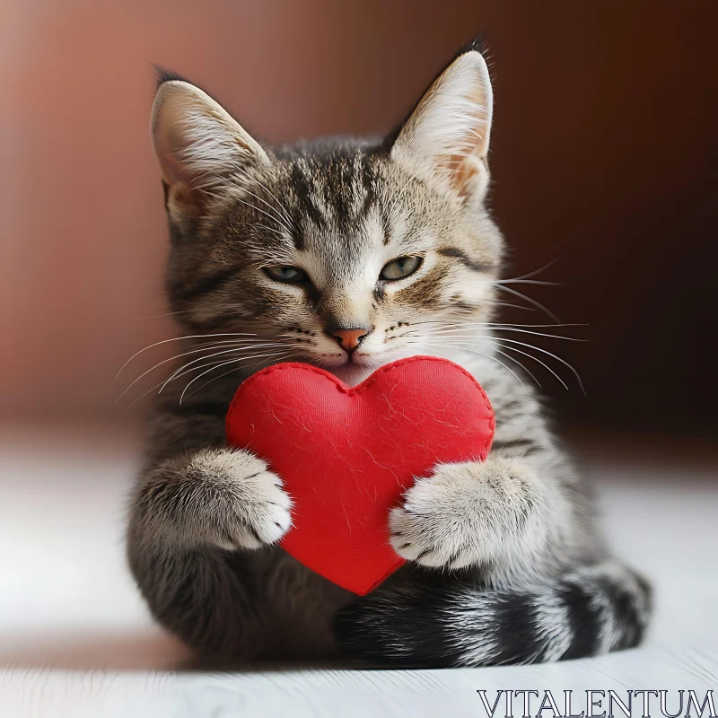 Cute Kitten Embracing Red Heart Pillow AI Image