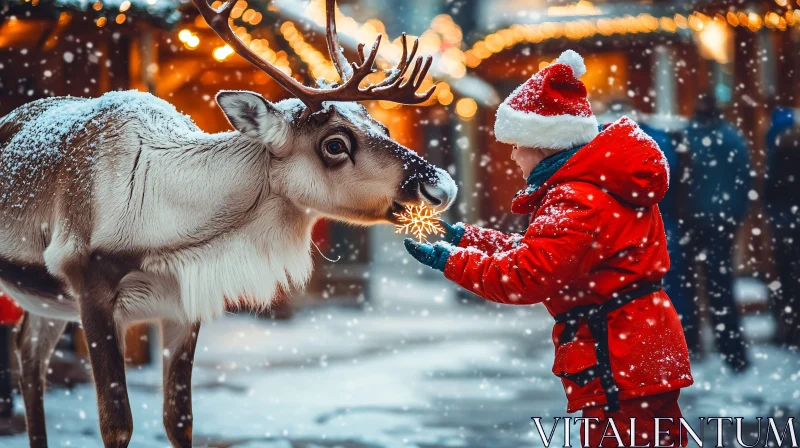 Magical Winter Moment with Reindeer and Child AI Image