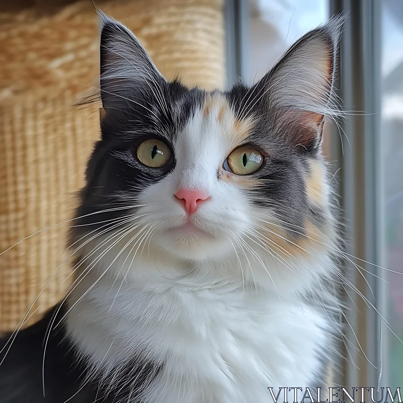 Fluffy Cat with Green Eyes near a Window AI Image