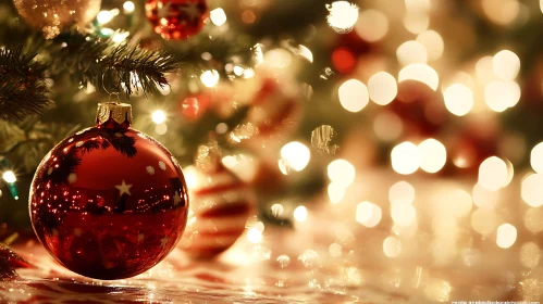 Festive Red Bauble and Bokeh Light Christmas Tree