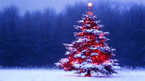 Illuminated Christmas Tree in Snowy Night