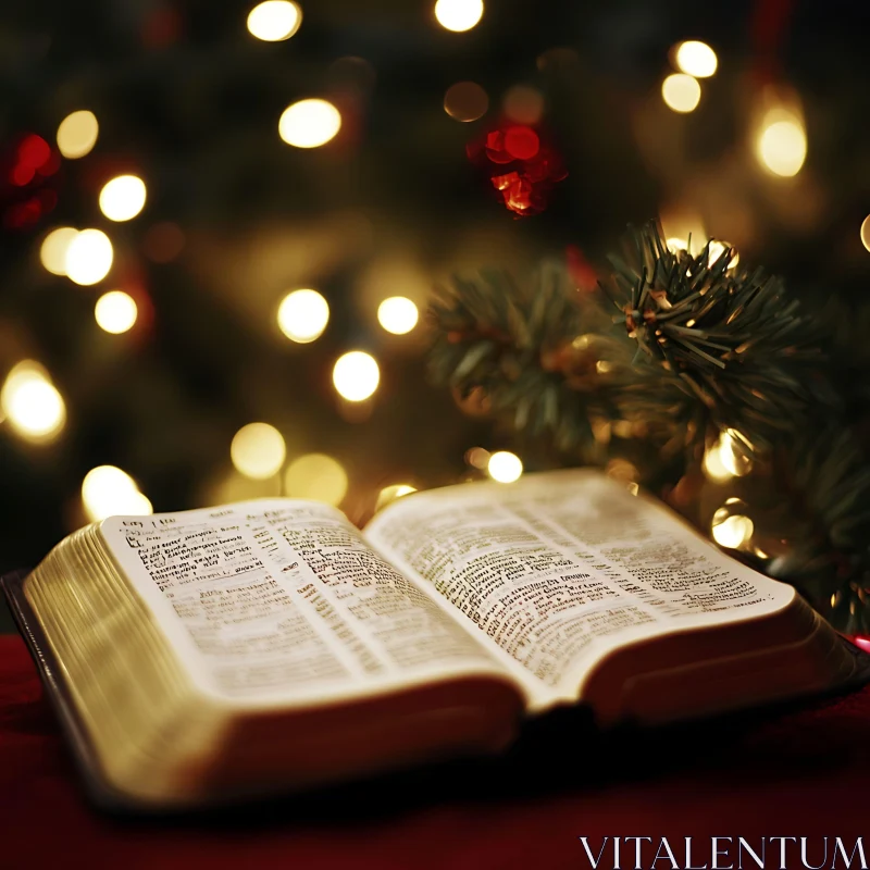 Open Bible with Christmas Lights and Pine Ornaments AI Image