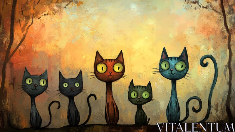 AI ART Five Artistic Cats in an Enchanting Scene