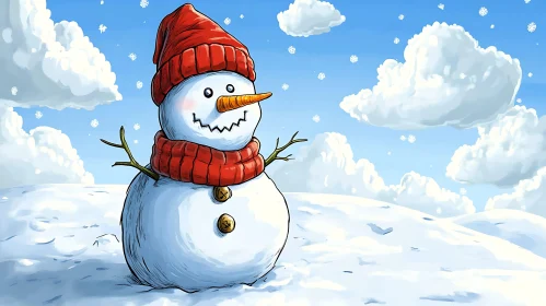 Happy Snowman in Snowy Field