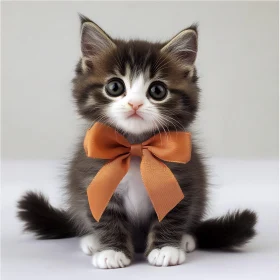 Cute Fluffy Kitten with a Playful Orange Bow