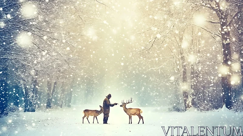 Tranquil Winter Moment in Snowy Forest with Deer and Person AI Image