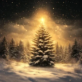 Glowing Christmas Tree in Snowy Winter Forest