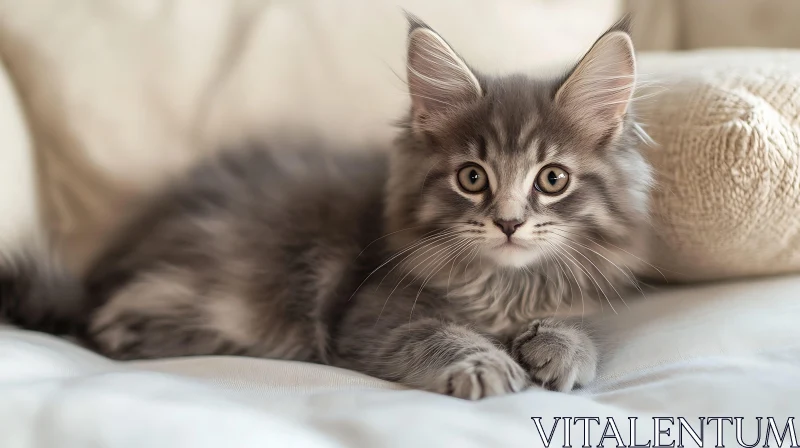 AI ART Charming Gray Kitten Resting on White Sofa