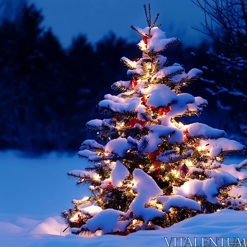 Festive Christmas Tree in Winter Wonderland AI Image