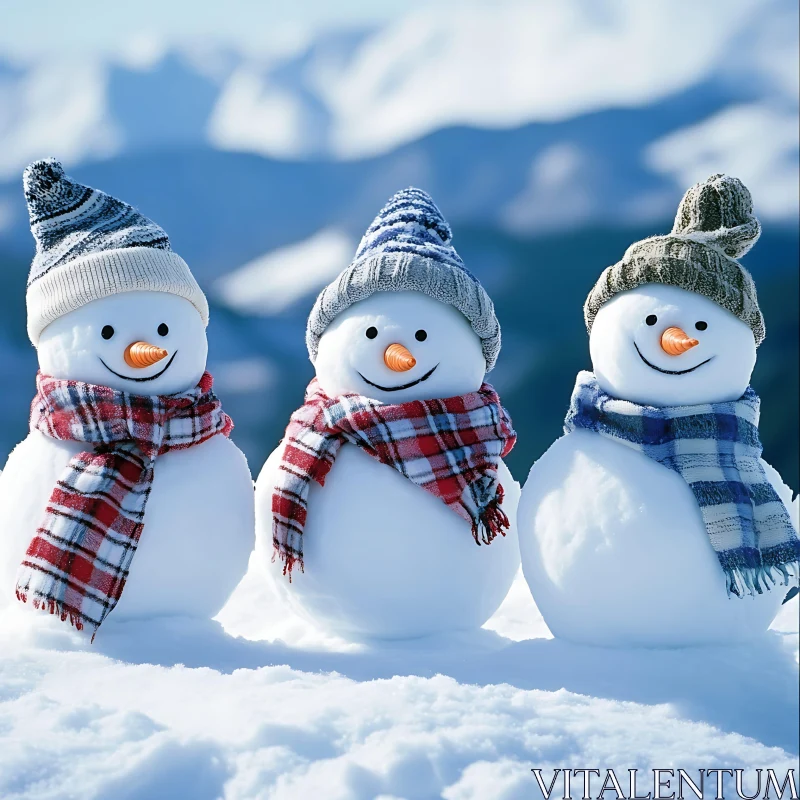 Three Happy Snowmen in the Snowy Mountains AI Image