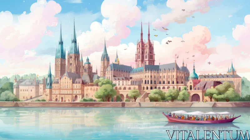 Anime-Inspired Cartoon Cityscape with Castle and Boats AI Image