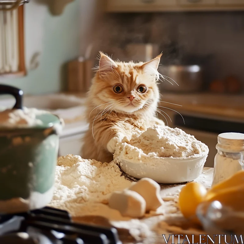 Playful Orange Kitten with Flour in Kitchen AI Image