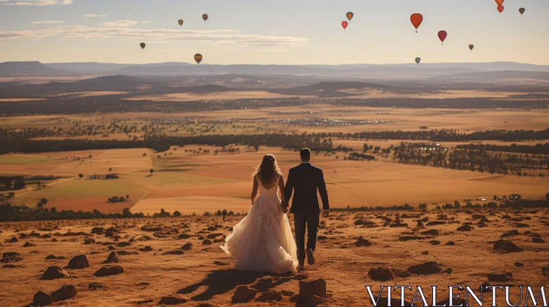 Bride and Groom Amidst Hot Air Balloons in Australian Landscape AI Image