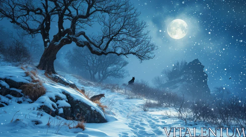 Captivating Winter Landscape with Full Moon and Majestic Wolf AI Image