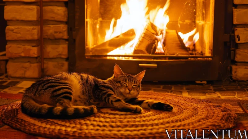 Cozy Cat Nap by the Fireplace AI Image