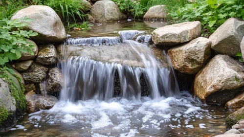 Tranquil Waterfall with Greenery and Stones