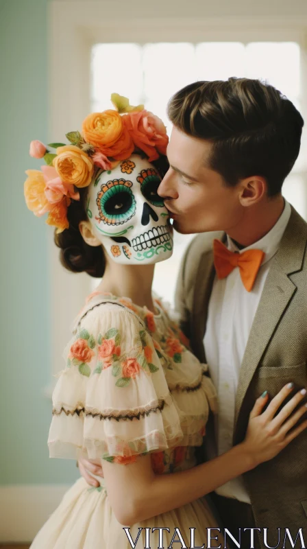 Day of the Dead Wedding: Vintage Elegance Captured in Light Orange and Emerald AI Image