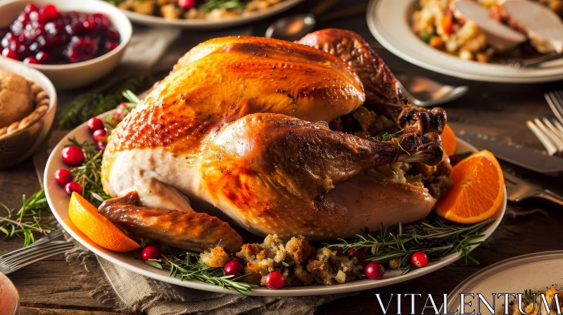 Delicious Thanksgiving Day Dinner: Roasted Turkey with Stuffing, Oranges, and Cranberries AI Image