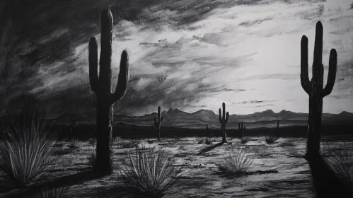 Black and White Desert Scene with Cacti