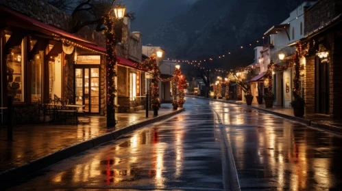 Enchanting Night Scene: Wet Streets with Festive Atmosphere