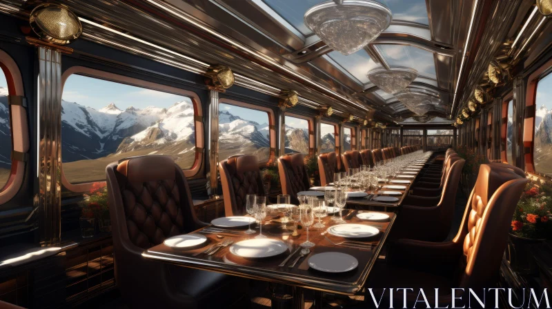Extravagant Train Car with Glamorous Table Settings and Mountainous Vistas AI Image
