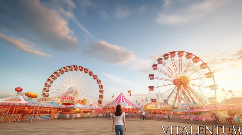Fair Atmosphere at Sunset with Ferris Wheel AI Image