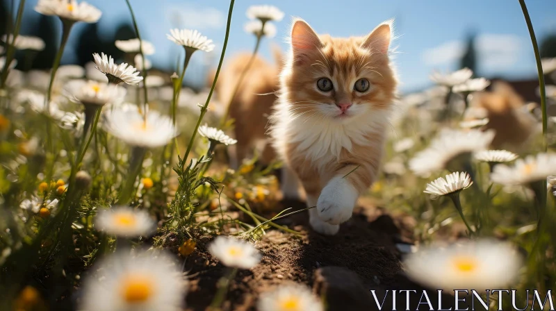 Ginger Kitten in Field of White Daisies AI Image