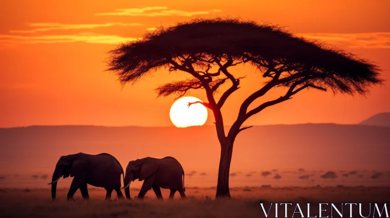 AI ART Majestic Elephants Walking in the Savannah | Vibrant Tree Backdrop