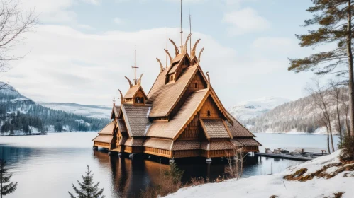 Majestic Wooden Building in a Snowy Landscape | Gothic Grandeur and Futuristic Architecture