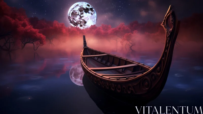 Mysterious Boat on a Dark Lake with Moon | Vibrant Fantasy Landscape AI Image