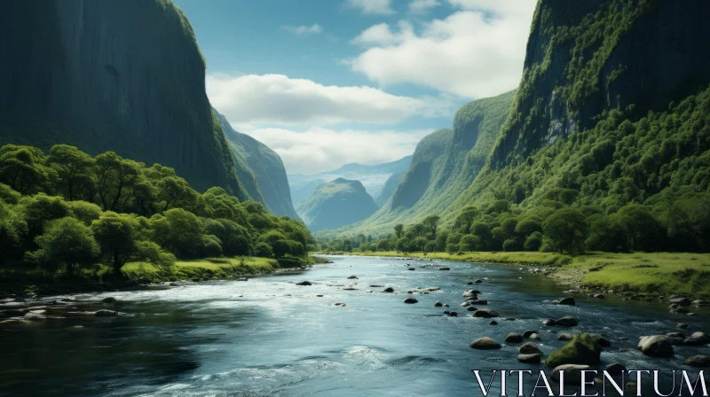 Serene River Flowing Through Lush Valley AI Image